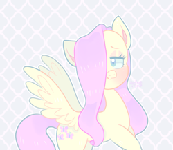 Size: 927x805 | Tagged: safe, artist:koniimelia, fluttershy, pegasus, pony, blushing, cute, female, hair over one eye, lidded eyes, mare, shyabetes, solo