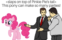 Size: 2500x1625 | Tagged: safe, edit, pinkie pie, earth pony, human, pony, caption, car salesman, human male, image macro, male, meme, ponytail, salesman, slaps roof of car meme, text