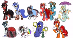 Size: 8862x4700 | Tagged: safe, artist:silverknight27, oc, oc only, oc:aeon of dreams, oc:bb, oc:goldenfox, oc:jasper pie, oc:keychi, oc:lightning bliss, oc:midnight heart, oc:silver rose, oc:thespio, oc:toonkriticy2k, caterpillar, dracony, earth pony, hybrid, pegasus, pony, unicorn, absurd resolution, aeonrose, alice, alice in wonderland, bowtie, cheshire cat, clock, clothes, cosplay, costume, cravat, crossdressing, crossover, dormouse, dress, female, fez, fidget spinner, frock coat, glasses, goggles, hat, hookah, mad hatter, magic, male, march hare, mare, parody, queen of hearts, raised hoof, shirt, simple background, sketch, socks, stallion, striped socks, top hat, tweedle dee, tweedle dum, umbrella, white background, white rabbit