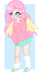 Size: 696x1280 | Tagged: safe, artist:crazykittychan02, fluttershy, human, abstract background, clothes, colored pupils, cute, ear piercing, earring, eye clipping through hair, female, humanized, jewelry, leg warmers, miniskirt, open mouth, piercing, pleated skirt, shoes, shyabetes, skirt, socks, solo, sweater, sweatershy, winged humanization, wings