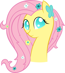 Size: 3550x4000 | Tagged: safe, artist:kalleflaxx, fluttershy, butterfly, pegasus, pony, bust, cute, female, flower, flower in hair, looking at you, mare, shyabetes, simple background, smiling, solo, transparent background, vector