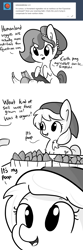 Size: 1280x3840 | Tagged: safe, artist:tjpones, oc, oc only, oc:brownie bun, oc:tater trot, earth pony, pony, horse wife, ask, chest fluff, comic, dialogue, female, food, grayscale, mare, monochrome, potato, simple background, toilet humor, tumblr, white background