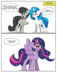 Size: 1800x2336 | Tagged: safe, artist:la hum, dj pon-3, octavia melody, twilight sparkle, twilight sparkle (alicorn), vinyl scratch, alicorn, earth pony, pony, unicorn, :p, comic, ethereal mane, female, simple background, starry mane, tongue out, translation, ultimate twilight, unamused, vinyl is not amused, white background, worried