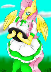 Size: 1800x2520 | Tagged: safe, artist:rockleerocks77, fluttershy, anthro, pegasus, adorasexy, breasts, clothes, cute, female, hootershy, maid, sexy, smiling, solo