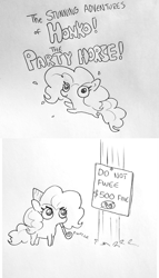 Size: 1397x2447 | Tagged: safe, artist:tjpones, pinkie pie, earth pony, pony, black and white, breaking the law, comic, confetti, female, fuck the police, grayscale, hat, honko! the party horse!, lineart, madorable, mare, monochrome, onomatopoeia, party hat, party horn, party whistle, ponk, simple background, solo, traditional art