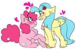 Size: 1280x825 | Tagged: safe, artist:korgikardigan, artist:noneedforstars, pinkie pie, princess skystar, classical hippogriff, earth pony, hippogriff, pony, my little pony: the movie, bedroom eyes, blush highlights, blush lines, blushing, chest fluff, chunky eyelashes, clam, female, flat colors, floating heart, floppy ears, flower, flower in hair, heart, heart eyes, heart tail, jewelry, lesbian, looking at each other, mare, necklace, raised hoof, shipping, simple background, sitting, skypie, smiling, transparent background, wingding eyes