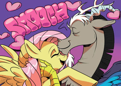 Size: 1280x905 | Tagged: safe, artist:nanaevans, discord, fluttershy, pegasus, pony, discoshy, eyes closed, female, forehead kiss, heart, i can't believe it's not idw, kissing, male, open mouth, shipping, smooch, straight