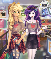 Size: 1300x1500 | Tagged: safe, artist:tcn1205, applejack, rarity, human, equestria girls, bag, beverage, blushing, clothes, cute, female, freckles, humanized, jackabetes, jewelry, lesbian, midriff, necklace, pony coloring, pretty, purse, raribetes, rarijack, shipping, shopping, shopping bags, short shirt, skirt, store, sunglasses, thought bubble, zipper