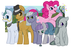 Size: 1000x666 | Tagged: safe, alternate version, artist:darkodraco, boulder (pet), cloudy quartz, igneous rock pie, limestone pie, marble pie, maud pie, pinkie pie, earth pony, pony, confetti, family, female, floppy ears, glasses, hat, looking at you, looking down, male, mare, necktie, obtrusive watermark, pie family, pie sisters, raised hoof, siblings, sisters, smiling, stallion, unamused, watermark