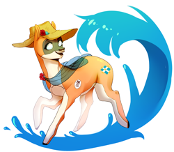 Size: 2448x2138 | Tagged: safe, artist:hoatzzin, oc, oc only, oc:kiva, original species, pony, robot, robot pony, female, happy, hat, sash, simple background, smiling, solo, sun hat, water, wave, white background