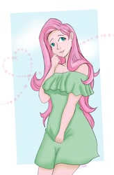 Size: 828x1260 | Tagged: safe, artist:arri darling official, artist:arri-darling, fluttershy, human, abstract background, anime, art trade, bare shoulders, blouse, clothes, colored pupils, cute, dress, female, floating heart, heart, humanized, long hair, looking offscreen, looking up, off shoulder, shyabetes, simple background, sky background, solo