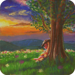 Size: 1200x1206 | Tagged: safe, artist:sa1ntmax, applejack, earth pony, pony, acrylic painting, coaster, craft, eyes closed, female, flower, hill, mare, nap, resting, scenery, sleeping, sunset, traditional art, tree, under the tree, wood