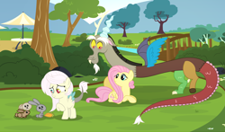 Size: 4428x2608 | Tagged: safe, artist:velveagicsentryyt, discord, fluttershy, oc, oc:destiny, hybrid, pegasus, pony, rabbit, carrot, discoshy, family, female, food, interspecies offspring, male, offspring, parent:discord, parent:fluttershy, parents:discoshy, shipping, straight