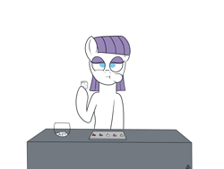 Size: 1280x969 | Tagged: safe, artist:feralroku, derpibooru exclusive, maud pie, earth pony, pony, bowl, breaking bad, chewing, condiments, eating, partial color, reference, simple background, sitting, solo, tater tots, white background