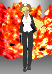 Size: 2480x3507 | Tagged: safe, artist:loudnoises, artist:nkpunch, applejack, human, badass, clothes, cool guys don't look at explosions, crossover, explosion, female, gray background, gun, handgun, hat, humanized, john wick, parody, pistol, simple background, solo, suit, walking away from explosion, weapon