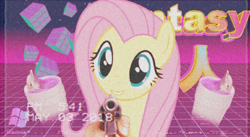 Size: 1280x699 | Tagged: safe, artist:luckreza8, fluttershy, pegasus, pony, bust, grid, gun, looking at you, timestamp, vaporwave, weapon