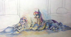 Size: 1280x669 | Tagged: safe, artist:28gooddays, limestone pie, marble pie, maud pie, pinkie pie, earth pony, pony, blanket, book, female, lamp, pie sisters, prone, siblings, sisters, teddy bear, traditional art