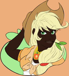 Size: 1351x1500 | Tagged: safe, artist:g-blue16, artist:icey-wicey-1517, color edit, edit, applejack, human, apple, applejack's hat, arm behind head, clothes, colored, cowboy hat, dark skin, element of honesty, female, food, hat, humanized, leaf, orange background, racism in the comments, simple background, solo, straw in mouth, tanktop, twig