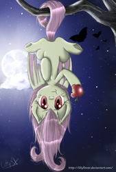 Size: 735x1087 | Tagged: safe, artist:lillyflover, fluttershy, bat, bat pony, :t, apple, bat ponified, cloud, cute, flutterbat, food, full moon, hanging, herbivore, looking at you, moon, munching, night, prehensile tail, race swap, shyabates, shyabetes, solo, stars, tree, tree branch, upside down