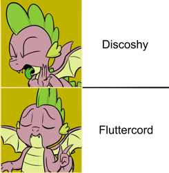 Size: 709x722 | Tagged: safe, artist:pony-berserker edits, edit, editor:countcoltnackh, discord, fluttershy, spike, dragon, pegasus, pony, discoshy, drake, exploitable meme, female, four panel meme, hotline bling, male, meme, opinion, preference, shipping, solo, straight, winged spike