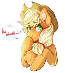 Size: 1783x2000 | Tagged: safe, artist:usvakero, applejack, earth pony, pony, blushing, bust, chest fluff, cute, female, hat, jackabetes, simple background, solo, speech bubble, transparent background