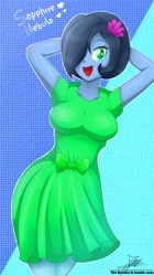 Size: 1456x2600 | Tagged: source needed, safe, artist:the-butch-x, oc, oc only, oc:sapphire nebula, equestria girls, big breasts, bowtie, breasts, clothes, dress, equestria girls-ified, female, flower, flower in hair, green eyes, hair over one eye, solo