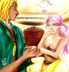 Size: 1024x1068 | Tagged: safe, artist:beauonther, big macintosh, fluttershy, human, alternative cutie mark placement, boobie mark, breasts, cleavage, clothes, dress, female, fluttermac, holding hands, humanized, male, moderate dark skin, shipping, straight