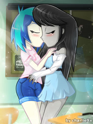 Size: 650x866 | Tagged: safe, artist:charliexe, dj pon-3, octavia melody, vinyl scratch, unicorn, equestria girls, 2020, 2020s, beautiful, belt, black hair, blushing, boombox, clothes, denim shorts, dress, eyes closed, female, girly girl, kissing, lesbian, scratchtavia, sexy, shipping, shirt, short hair, shorts, t-shirt, tomboy, watermark