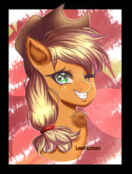 Size: 1900x2500 | Tagged: safe, artist:learicchan, applejack, earth pony, pony, cowboy hat, female, grin, hat, mare, smiling, solo, stetson