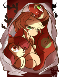 Size: 823x1060 | Tagged: safe, artist:tohupo, apple bloom, applejack, big macintosh, earth pony, pony, apple siblings, blanket, bow, brother and sister, crossed hooves, cutie mark, female, filly, looking at you, male, mare, sheet, siblings, sisters, stallion