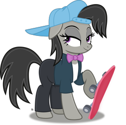 Size: 2811x2776 | Tagged: safe, artist:anime-equestria, octavia melody, earth pony, pony, alternate hairstyle, backwards ballcap, baseball cap, bowtie, cap, clothes, eyeshadow, hat, makeup, shirt, simple background, skateboard, smiling, transparent background, vector