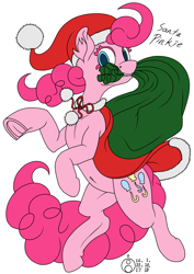 Size: 2122x3000 | Tagged: safe, artist:sepiakeys, pinkie pie, earth pony, pony, belly button, cape, christmas, clothes, collar, female, hat, holiday, mare, sack, santa hat, solo