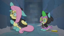 Size: 1920x1080 | Tagged: safe, screencap, fluttershy, spike, dragon, pegasus, pony, sparkle's seven, bunny ears, claustrophobia, clothes, costume, dangerous mission outfit, discovery family logo, goggles, hoodie