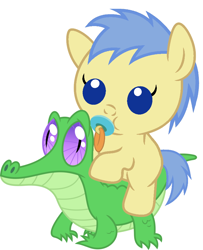 Size: 786x967 | Tagged: safe, artist:red4567, goldengrape, gummy, sir colton vines iii, pony, baby, baby pony, cute, pacifier, ponies riding gators, riding, simple background, white background