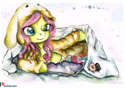 Size: 3437x2409 | Tagged: safe, artist:mashiromiku, fluttershy, pegasus, pony, bunny ears, clothes, costume, cute, easter, easter egg, holiday, kigurumi, patreon, patreon logo, shyabetes, traditional art, watercolor painting