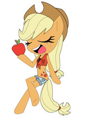 Size: 2550x3510 | Tagged: safe, artist:ghostydevin, artist:icey-wicey-1517, color edit, edit, applejack, anthro, earth pony, alternative cutie mark placement, apple, applejack's hat, clothes, colored, cowboy hat, daisy dukes, female, food, freckles, hat, mare, midriff, open mouth, shorts, simple background, solo, white background