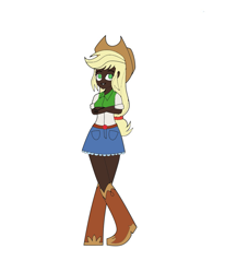 Size: 811x986 | Tagged: safe, artist:darkengales, artist:icey-wicey-1517, color edit, edit, applejack, human, equestria girls, applejack's hat, belt, boots, clothes, colored, cowboy boots, cowboy hat, crossed arms, dark skin, denim skirt, equestria girls outfit, female, hat, humanized, shoes, simple background, skirt, solo, stetson, white background