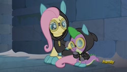 Size: 1920x1080 | Tagged: safe, screencap, fluttershy, spike, dragon, pegasus, pony, sparkle's seven, bunny ears, clothes, costume, dangerous mission outfit, duo, female, goggles, hoodie, male, mare
