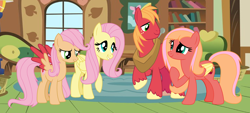 Size: 3704x1672 | Tagged: safe, artist:lucymarie2000, big macintosh, fluttershy, oc, oc:blossom, oc:lilly apple, pegasus, pony, base used, colored wings, colored wingtips, family, female, fluttermac, fluttershy's cottage, freckles, male, mare, offspring, parent:big macintosh, parent:fluttershy, parents:fluttermac, shipping, straight