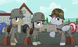 Size: 5000x3000 | Tagged: safe, artist:a4r91n, octavia melody, oc, earth pony, pegasus, pony, bandage, bayonet, building, camouflage, clothes, frown, german, hoof hold, iron cross, kriegtavia, looking at you, messy mane, military uniform, oil drum, pose, scar, smiling, smirk, stahlhelm, tail wrap, world war i