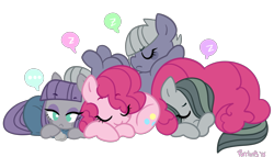 Size: 1280x733 | Tagged: safe, artist:purrling, limestone pie, marble pie, maud pie, pinkie pie, earth pony, pony, ..., cuddle puddle, cuddling, cute, diapinkes, eyes closed, limabetes, marblebetes, maudabetes, no pupils, pie sisters, pony pile, siblings, simple background, sisters, sleeping, transparent background