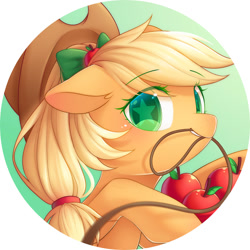 Size: 2000x2000 | Tagged: safe, artist:leafywind, applejack, earth pony, pony, apple, blushing, bow, bust, cute, female, food, freckles, hair bow, hat, jackabetes, looking at you, mare, mouth hold, portrait, rope, solo, starry eyes, stars, wingding eyes