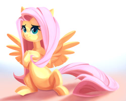 Size: 1280x1035 | Tagged: safe, artist:sevedie, fluttershy, pegasus, pony, female, hooves together, looking at you, mare, sitting, smiling, solo, spread wings, three quarter view, wings