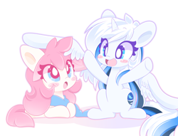 Size: 1600x1224 | Tagged: safe, artist:hungrysohma, oc, oc only, oc:rock harmony, oc:sohma, alicorn, pony, alicorn oc, chibi, cute, duo, female, mare, simple background, smiling, white background