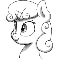 Size: 494x528 | Tagged: safe, artist:fatalqueef, sweetie belle, pony, unicorn, bust, female, filly, grayscale, monochrome, simple background, smiling, solo, white background