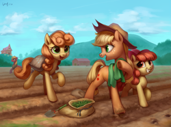 Size: 2347x1745 | Tagged: safe, artist:luciferamon, apple bloom, applejack, big macintosh, carrot top, golden harvest, earth pony, pony, adorabloom, bow, cloud, cowboy hat, cute, cutie top, dirty, female, field, filly, freckles, gardening, grin, hair bow, happy, hat, jackabetes, looking back, male, mare, mouth hold, open mouth, planting, raised hoof, running, sky, smiling, squee, stallion, stetson, sweet apple acres, towel, trowel, underhoof