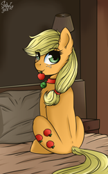 Size: 1772x2835 | Tagged: safe, artist:php97, applejack, earth pony, pony, apple, bed, collar, ear fluff, food, looking at you, looking back, looking back at you, mouth hold, pet tag, pony pet, solo