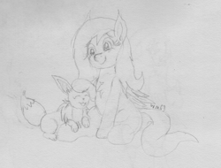 Size: 3014x2291 | Tagged: safe, artist:wapamario63, fluttershy, pegasus, pony, cute, eevee, petting, pokémon, sitting, sketch, traditional art