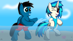 Size: 1920x1080 | Tagged: safe, artist:agkandphotomaker2000, dj pon-3, vinyl scratch, oc, oc:pony video maker, pony, beach, canon x oc, clothes, playing, pony video maker x vinyl scratch, summer, swimsuit, videoscratch, water