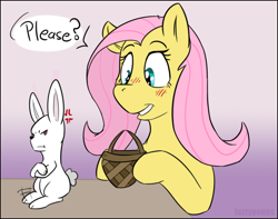 Size: 786x620 | Tagged: safe, artist:fuzzypones, angel bunny, fluttershy, pegasus, pony, rabbit, basket, blushing, cross-popping veins, cute, dialogue, duo, easter, gradient background, holiday, one word, please, shyabetes, speech bubble